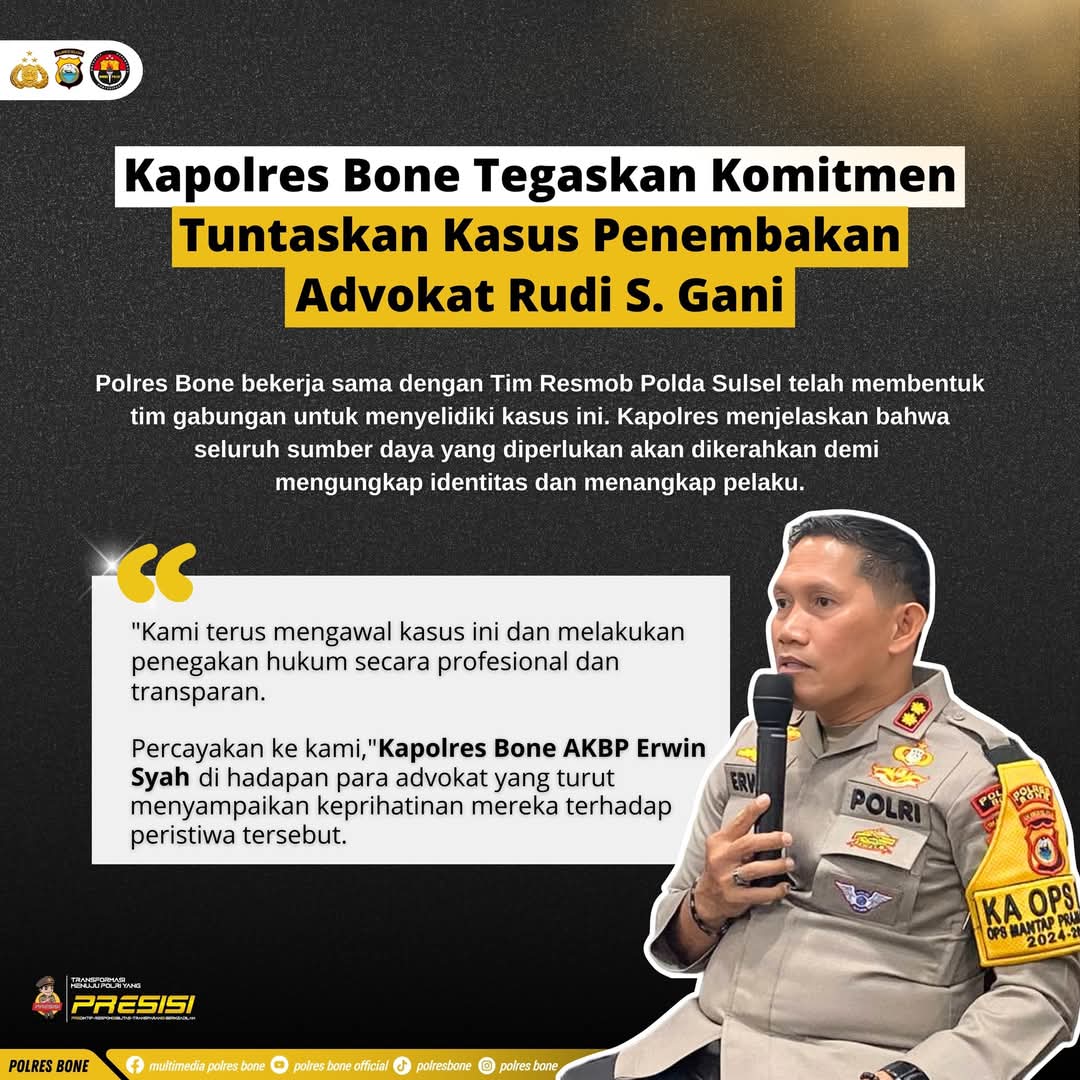 Polres Bone Tegaskan Komitmen Tuntaskan Kasus Penembakan Advokat Rudi S. Gani