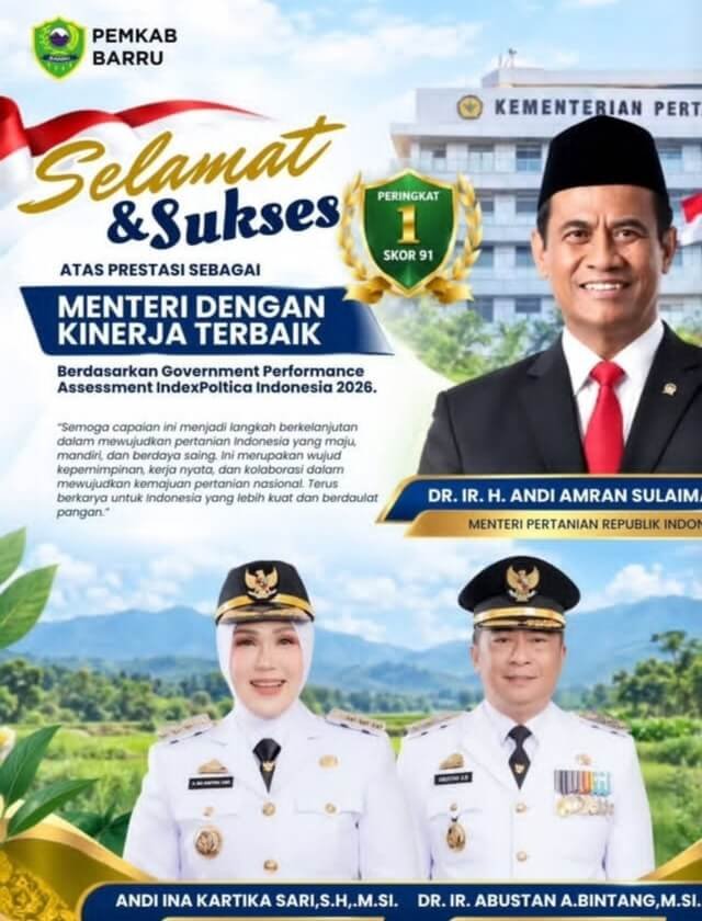 Andi Amran Sulaiman Raih Peringkat 1 Menteri dengan Kinerja Terbaik, Pemkab Barru Sampaikan Apresiasi